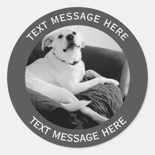 Zwart-wit foto van Talking Dog Text Message Ronde Sticker (Voorkant)