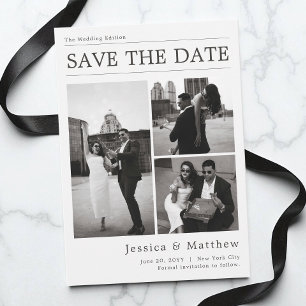Zwart-wit Fotocollage Krant Huwelijk Save The Date