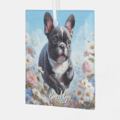 Zwart & Wit Frans Bulldog & Bloemen Glas Ornament (Voorkant links)