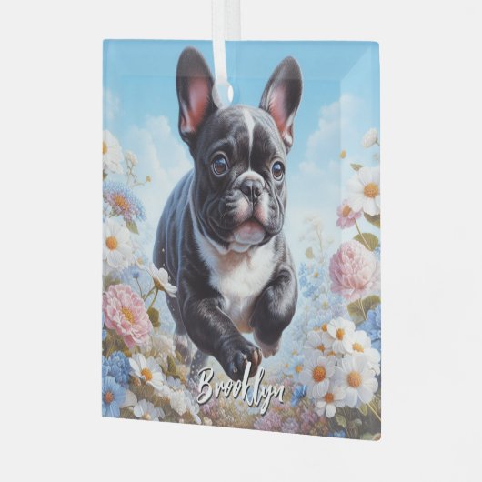 Zwart & Wit Frans Bulldog & Bloemen Glas Ornament (Voorkant links)