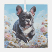Zwart & Wit Frans Bulldog & Bloemen Glas Ornament (Voorkant)