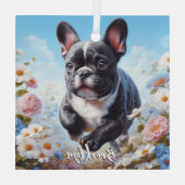 Zwart & Wit Frans Bulldog & Bloemen Glas Ornament (Achterkant)