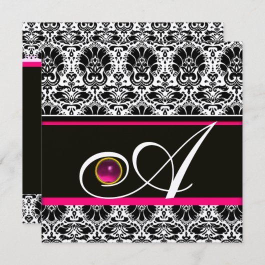 ZWART WIT FUCHSIA  DAMAST MONOGRAM Amethist Goud Kaart (Voorkant / Achterkant)