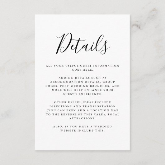 Zwart-wit Gast Informatie Script Details Informatiekaartje (Voorkant)