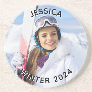 Zwart-wit gebogen tekst Familiefoto Zandsteen Onderzetter