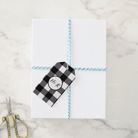 Zwart-wit gecheckte vierkantjes buffelplaat cadeaulabel (Met Touw)