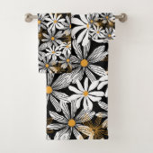 Zwart, wit, geel Elegant Daisy Bloemen Abstract Bad Handdoek (Insitu)