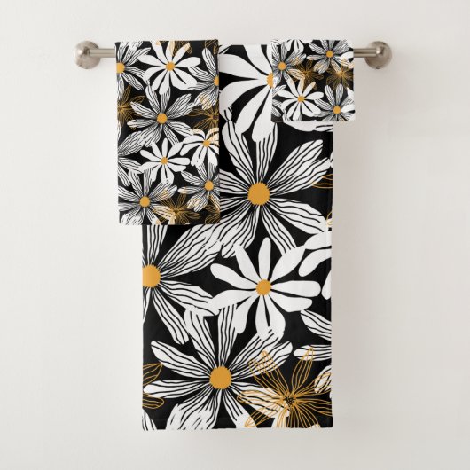 Zwart, wit, geel Elegant Daisy Bloemen Abstract Bad Handdoek (Insitu)