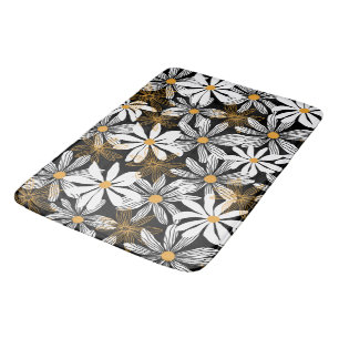 Zwart, wit, geel Elegant Daisy Bloemen Abstract Badmat
