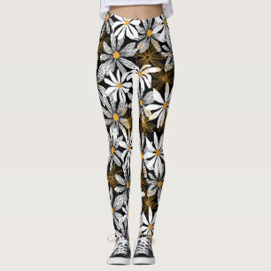 Zwart, wit, geel Elegant Daisy Bloemen Abstract Leggings