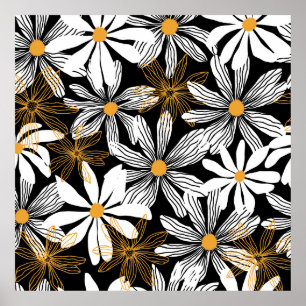 Zwart, wit, geel Elegant Daisy Bloemen Abstract Poster