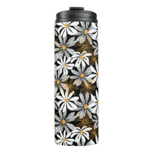 Zwart, wit, geel Elegant Daisy Bloemen Abstract Thermosbeker