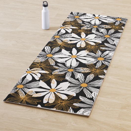 Zwart, wit, geel Elegant Daisy Bloemen Abstract Yogamat (In situ)