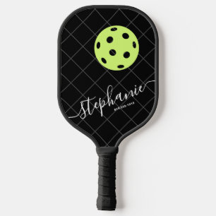 Zwart wit geel legant script gepersonaniseerd pickleball paddle