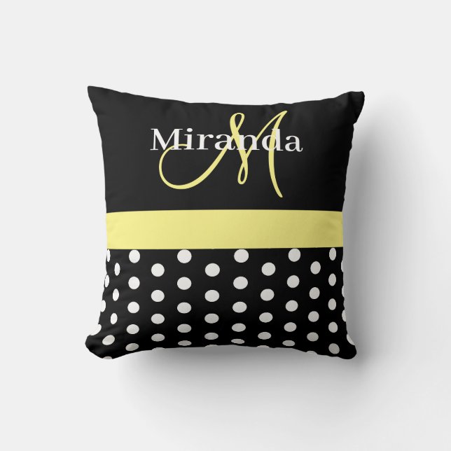 Zwart Wit Geel Monogram Script Polka Dots Kussen (Voorkant)