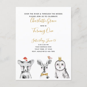 Zwart Wit Geel Script Woodland Verjaardagsfeest Uitnodiging Briefkaart