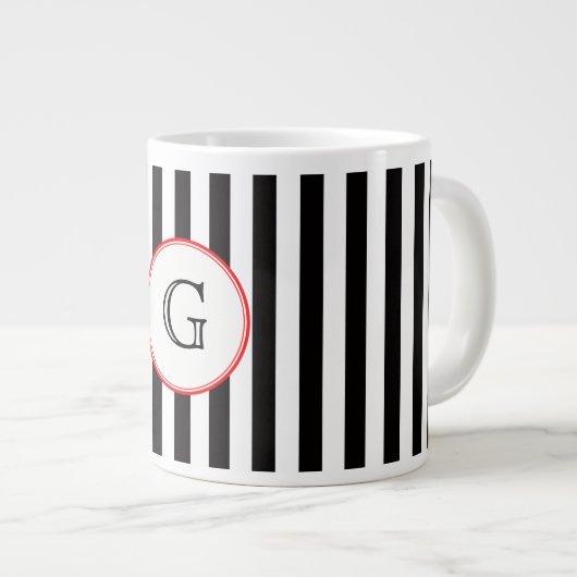 Zwart wit Gemiddeld Stripe Rood Monogram Etiket Grote Koffiekop (Voorkant rechts)