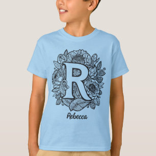 Zwart-wit gemonogrammeerde tatoeage stijl bloemen t-shirt