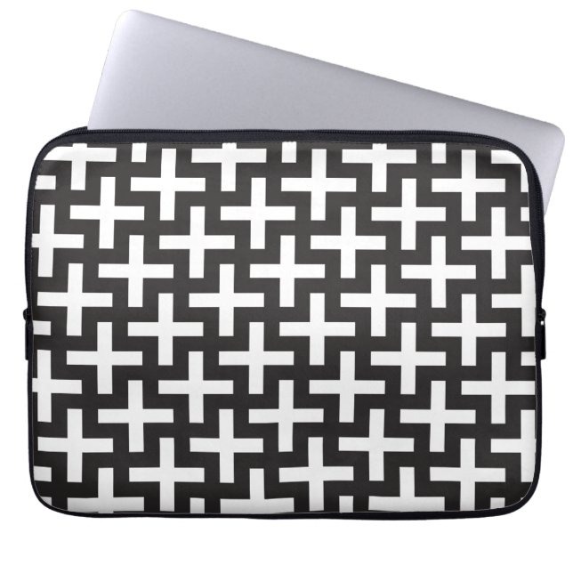 Zwart-wit geometrisch laptop sleeve (Voorkant)