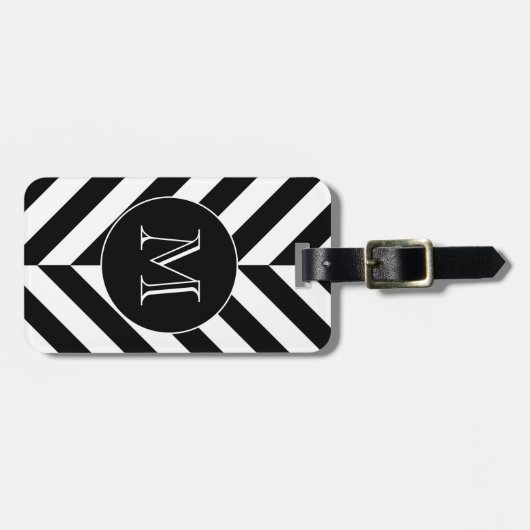 Zwart Wit Geometrisch Patroon Aangepaste Monogram Bagagelabel (Voorkant horizontaal)
