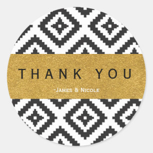 Zwart-wit geometrisch patroon & goudsticker ronde sticker