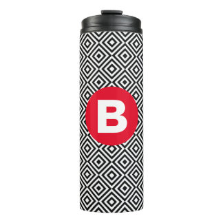 Zwart-wit geometrisch patroon met rode monogram thermosbeker