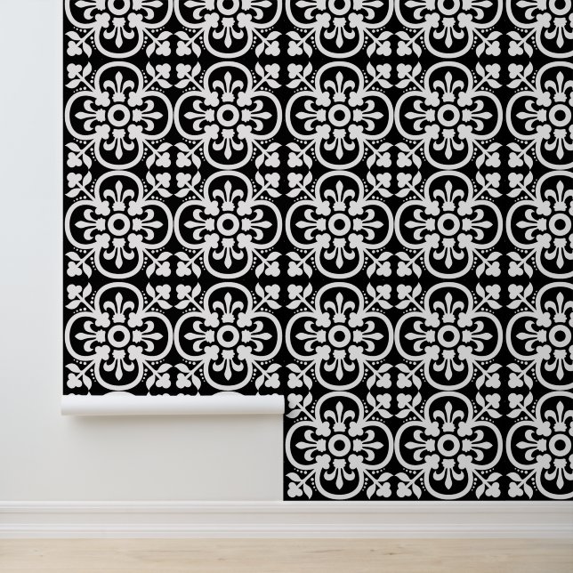 Zwart-wit geometrische fleur du lys behang (Applicatie)