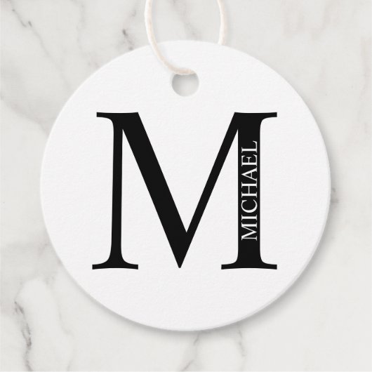 Zwart-wit gepersonaliseerd monogram en naam fav bedankjes labels (Voorkant)