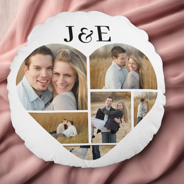 Zwart-wit Gepersonaliseerde Hart Fotocollage Rond Kussen (Personalized Heart Collage round throw pillow)