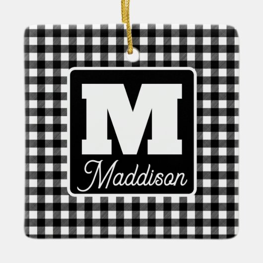 Zwart-wit geplakt monogram Naam Kerstmis Keramisch Ornament (Voorkant)