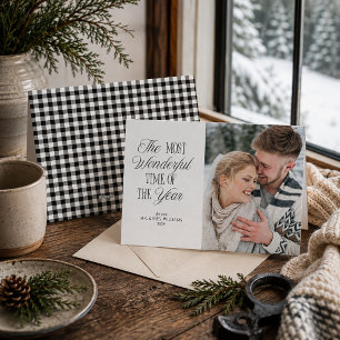 Zwart-wit geruit kerstfoto voor pasgetrouwden feestdagenkaart