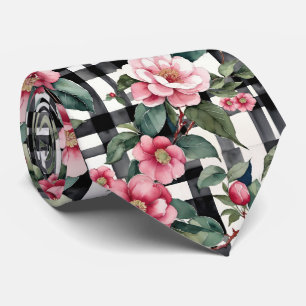 Zwart-wit geruit met bladrijke roze camelia's stropdas