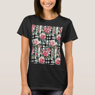 Zwart-wit geruit met bladrijke roze camelia's t-shirt