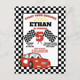 Zwart Wit Geruit Rode Raceauto Kinderverjaardag Briefkaart