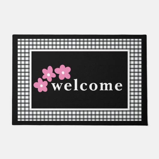 Zwart wit geruite cheques bloemig deurmat (Voorkant)