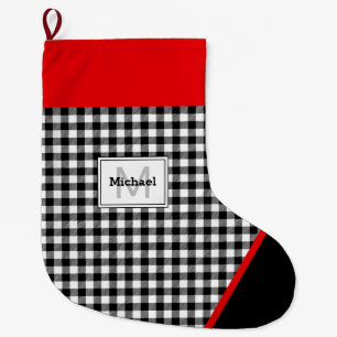 Zwart & Wit Geruite Teen Trim Monogram Grote Kerstsok