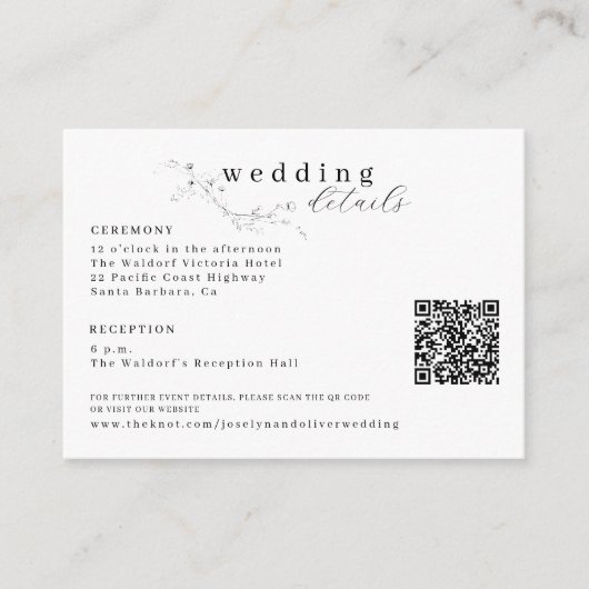 Zwart-wit geschetste Bloemen QR Code Wedding Informatiekaartje (Voorkant)