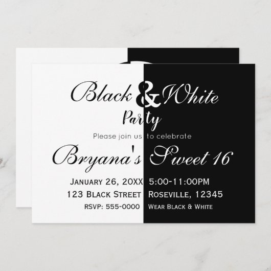 Zwart & Wit Gespleten Halve Verjaardagsfeest Elega Kaart (Voorkant / Achterkant)