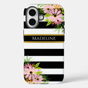 Zwart Wit Gestreept Bloemmotief Goud Stijlvol iPhone 16 Hoesje