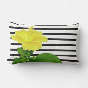 Zwart-wit gestreept met gele hibiscus buitenkussen