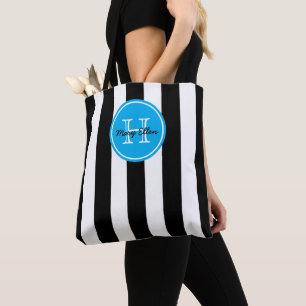Zwart-wit gestreept met helderblauw monogram draagtas