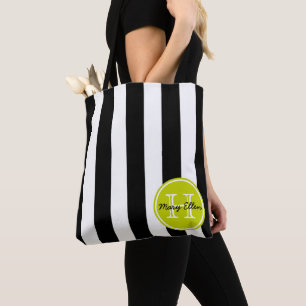 Zwart-wit gestreept met limoengroene monogram draagtas