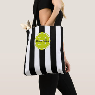 Zwart-wit gestreept met limoengroene monogram draagtas