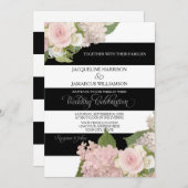 Zwart wit gestreept met roze hydrangeas Wedding Kaart (Voorkant / Achterkant)