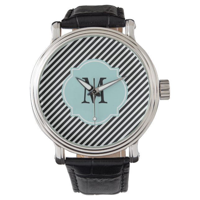 Zwart-wit gestreept monogram volgen horloge (Voorkant)