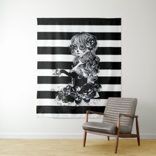 Zwart & Wit Gestreept Pretty Sugar Skull Meisje Wandkleed