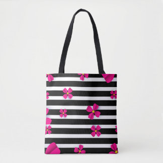 Zwart-wit gestreept tas met roze bloemen