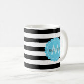 Zwart, Wit, gestreepte Blauwe bloem monogram naam. Koffiemok (Voorkant rechts)
