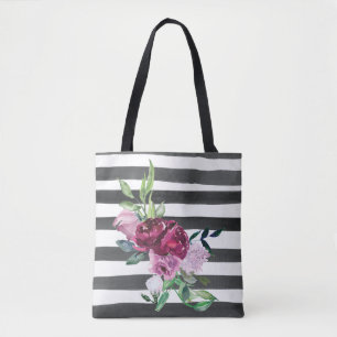 Zwart-wit gestreepte bloemen draagtas