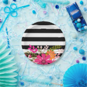 Zwart & Wit Gestreepte Folklore Bloemen | fuchsia Papieren Bordje (Feest)